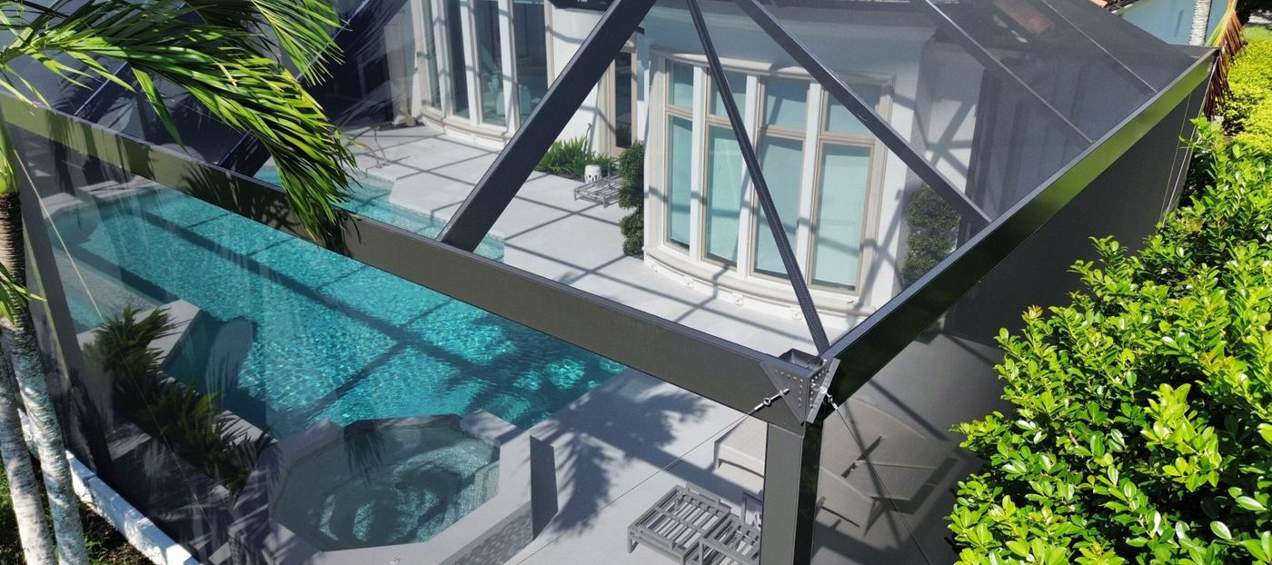 Screen enclosure from above showing the scaffolding and mesh